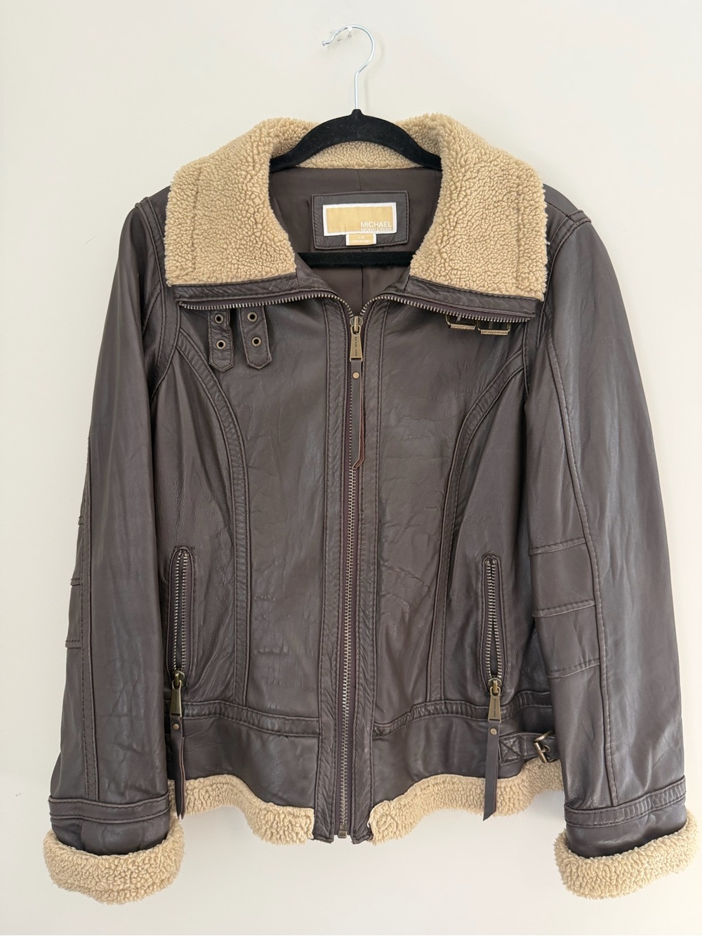 Michael Kors Brown Genuine Leather Shearling-Trim Jacket